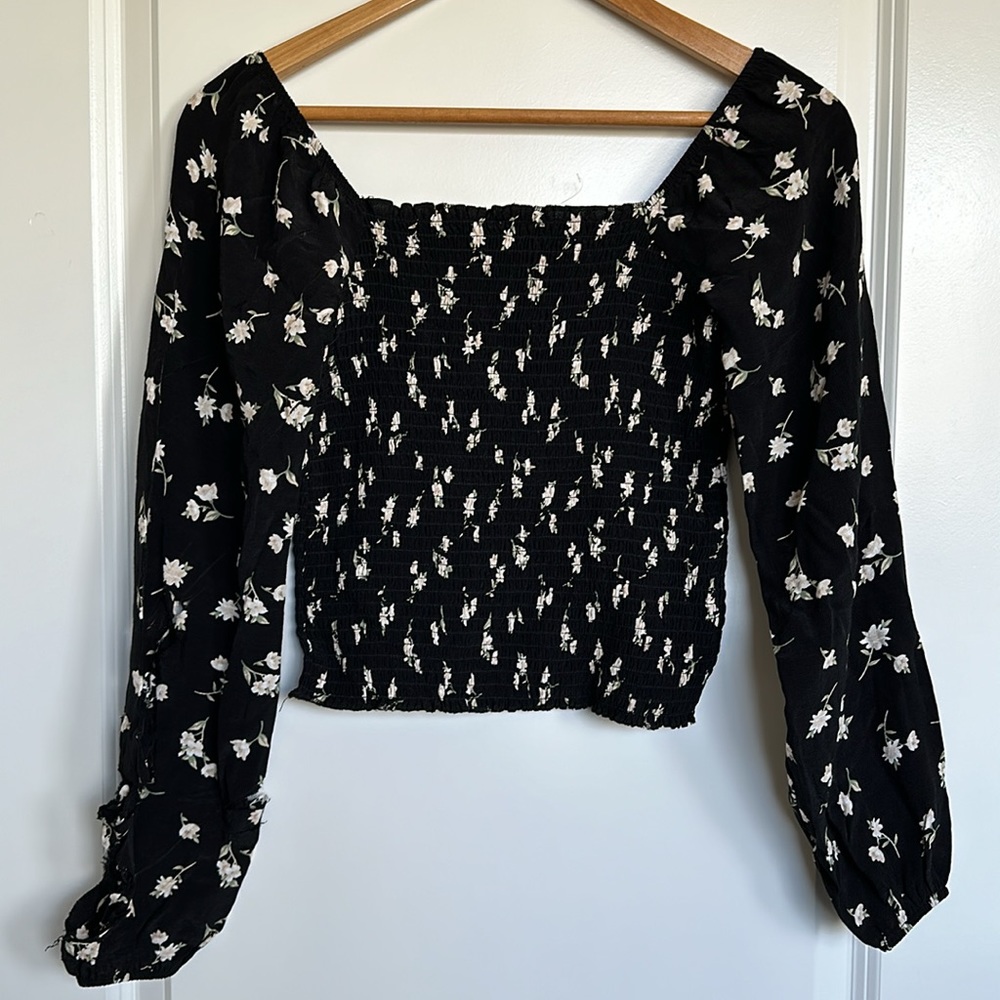 NWOT Damaged American Eagle Ruched Long Sleeve Crop Top sz XS Upcycle Black Torn